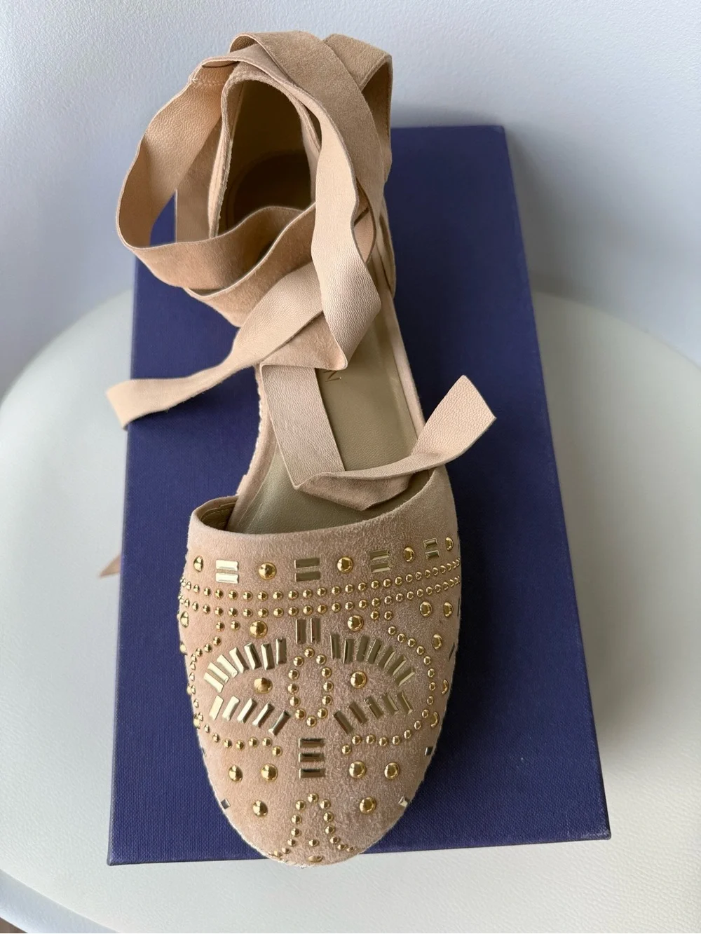 Stuart Weitzman Tan Espadrille Flats with Gold Studs